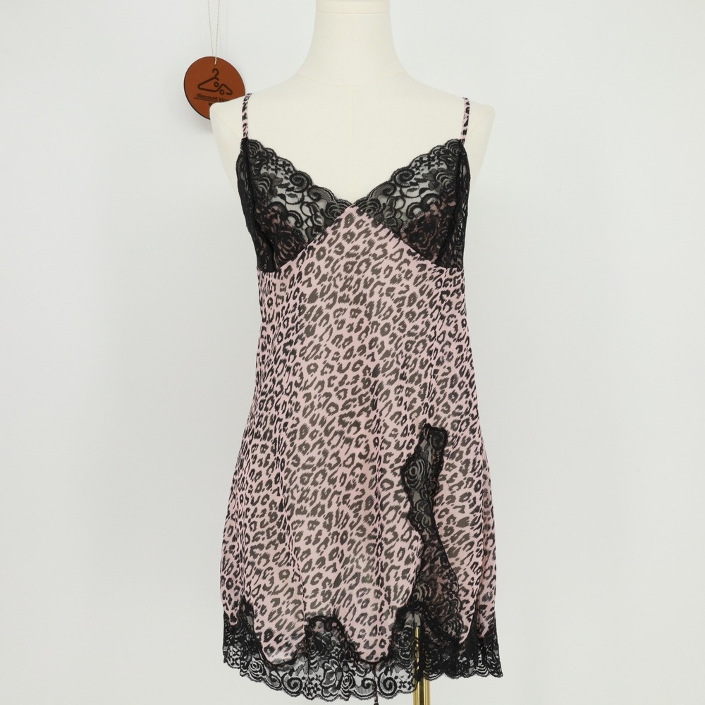 Fredericks of Hollywood Pink Leopard Print Lace Trim Chemise Nightgown